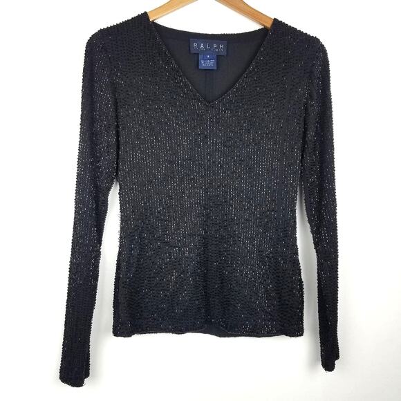 Ralph Ralph Lauren | Beaded Black Long Sleeve Top Sparkly - Picture 1 of 7